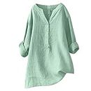 Amazon Outlet Clearance of Sales Linen Shirts for Women Loose V Neck Half Button Down Tunic Tops Plain Solid Color 3/4 Long Sleeve Summer Blouse Todays Deals in Amazon of Prime Clearance C-Green