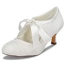 JIAJIA 140311 Women's Bridal Shoes Closed Toe Stiletto Heel Lace Satin Pumps Ribbon Tie Wedding Shoes Color Ivory,Size 5.5 B(M) US/36 EU