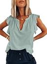Dokotoo Ruffle Sleeve Tops for Women Summer Fashion Sexy V Neck Sleeveless Tank T-Shirt 2024 Ladies Casual Solid Color Ruffled Cap Sleeves Tunic Tee Shirts (Green, Large)