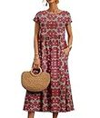 Womens Cotton Linen Boho Ethnic Floral Maxi Dress Summer Short Sleeve Beach Vacation Flowy Dresses with Pockets