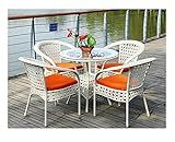 DEVOKO 5 Piece Wicker Outdoor Patio Dining Chair & Table Conversation Furniture Set for Poolside Lawn, Porch, Balcony Outdoor Garden and Terrace (White & Orange)
