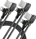 [3 Pack] iPhone charging cable LED USB to Lightning Charger Cable 90 Degree Nylon Braided Charging Cord Gaming Charging/Sync iPhone 14 pro max 13 12 11 iPad iPod (Black, 1.6FT/0.5M, 4FT/1.2M, 10FT/3M)