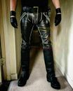 Men's Leather Genuine Cowhide Leather Black Trouser White Stripes Rear Zip Hosen