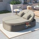 Gray PE Rattan Outdoor Daybed with Foldable Cup Trays and Adjustable Reclining Backrests, Removable Cushions, Set for 2