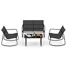 RELAX4LIFE Garden Furniture Set, 4 Pieces Outdoor Conversation Set with Loveseat, Glass Table and Armchairs, Metal Frame Patio Conservatory Furniture Set for Yard Poolside (With Rocking Function)