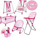 5-in-1 Foldable Stroller Doll Pushchair Cot Bed Bouncer Toy for 10-14” Doll