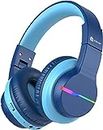 iClever BTH12 Kids Bluetooth Headphones,Colorful LED Lights Wireless Headphones,74/85/94dB Volume Limited,55H Playtime,Bluetooth 5.2,Over Ear Headphones Built-in Mic for iPad/Tablet/Airplane,Blue