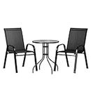 Gardeon Outdoor Table and Chairs Stackable Dining Chair, Bistro Sets Garden Furniture Patio Deck Backyard Coffee Table, Steel Textilene Fabric Glass Top Black Set of 3