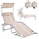 #WEJOY Patio Chaise Lounge Chair with Canopy Shade Outdoor Folding Chaise Lounge Chair with 5 Adjustable Position, Side Table, Face Holes,Pocket for Patio Lawn Beach Pool Sun Sunbathing