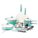 GreenLife Soft Grip Healthy Ceramic Nonstick, 15 pc Ceramic Cookware Set, PFAS-Free, Induction, Turquoise