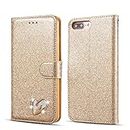 QLTYPRI iPhone 7 Plus Case iPhone 8 Plus Case Wallet Case Bling Shiny Glitter Flip Folio Case Full-Body Protective Cover Card Slots Magnetic Closure Kickstand Wrist Strap for Women Girls - Gold