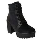 Shoetopia Women Black Block Heeled Lace Up Boot