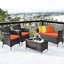 DORTALA 4-Piece Rattan Patio Furniture Set, Outdoor Sofa Table Set with Tempered Glass Coffee Table, Thick Cushion, Wicker Conversation Set for Garden, Lawn, Poolside and Backyard, Orange