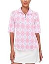 Misyula Womens Workout Tops,Half Sleeve Quarter Zip V Neck Golf Tennis Shirts Sun Protection Moisture Wicking Cool Athletic Top Dry Fit Outdoor Training Fitness Active Wear Pink-Plaid XL