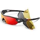 Torege Polarized Sports Sunglasses With 5 Interchangeable Lenes for Men Women Cycling Running Driving Fishing Golf Baseball Glasses TR002 (Black Red &Red lens)