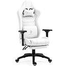 Dowinx Gaming Chair Tech Fabric with Pocket Spring Cushion, Ergonomic Computer Chair with Massage Lumbar Support and Footrest, Comfortable Reclining Game Office Chair 300lbs for Adult and Teen, White