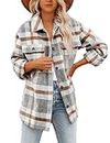 Lviefent Womens Casual Wool Blend Plaid Flannel Shackets Jacket Button Down Shirt Coat, Z-grey, Small