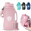 Collapsible Water Bottle for Traveling, Workout or Hiking 64oz Gen 2.0 - Motivational Water Bottle with Time Markings - Half Gallon / 2 L Capacity - BPA Free & Dishwasher Safe (Fruity Pink + Filter)
