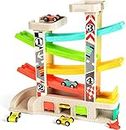 TOP BRIGHT Car Ramp Toy for Toddler, Baby Race Track Vehicle Playsets with 4 Wooden Cars, 2 Parking Lots, 1 Gas Station and 5 Car Ramps for 2 Years Old Boy & Girl