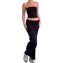 Geagodelia Women's 2 Pieces Outfit Ladies Sexy Co Ord Set Crop/Tank/Tube Top + Maxi Skirt Y2k Aesthetic Summer Clothes Streetwear (E - Black (Tube Top), S)