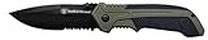 Smith & Wesson 7.75in High Carbon S.S. Spring Assisted Folding Knife with 3.25in Serrated Drop Point Blade and Rubberized Aluminum Handle for Outdoor Survival and EDC