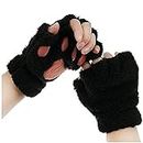 Topgrowth Accessorio Gloves Women Kawaii Cat Gloves Plush Synthetic Fur Cosplay Cat Paws Fingerless Gloves Girls Half Finger Gloves Fabric, Black, One size