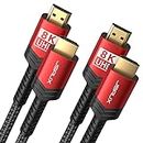 8K HDMI Cable 2 Pack 6ft, JSAUX 48Gbps High Speed HDMI 2.1 Braided HDMI Cord, 4K 120Hz 144Hz, 8K 60Hz, Dynamic HDR, DTS:X, 2K, 1080P, 3D, eARC