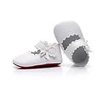 HONGTEYA Baby Girls Red Bottom Ballet Dress Shoes - Mary Jane Soft Sole Sidebow Toddler Moccasins (6-12 Months/US 5/4.72''/See Size Chart, White)