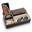 Baoyun Mens Valet Tray Organizer - Leather Nightstand Dresser Top Box with 5 Compartment for Accessories, Wallet, Phone, Keys (Brown)