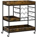 HOMCOM Industrial Rolling Kitchen Cart, 3-Tier Kitchen Island, Utility Trolley with Handles, Wine Racks, Glass Holders and Two Lockable Wheels for Dining Room, Rustic Brown