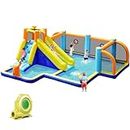 GLACER Inflatable Water Slide, 8-in-1 Blow Up Waterslide with Soccer Zone, Climbing Wall, 2 Water Cannons and Target Game, Water Bounce House with Carry Bag for Kids and Adults (with 735W Air Blower)