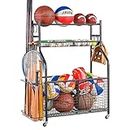 PLKOW Sports Equipment Organizer, Garage Sports Equipment Organizer, Sports Storage, Ball Storage Rack with Hooks and Baskets, Sports Organizer for Basketbal, Football, Soccer (Black)