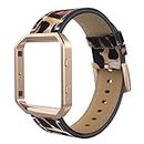 Simpeak Compatible for Fitbit Blaze Bands with Frame, Large, Multi Color, Genuine Leather Band for Fit bit Blaze Smartwatch Women Men, Leapard Band + Rose Gold Metal Frame