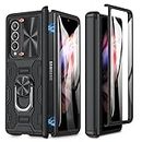 Caka for Z Fold 3 Case, Galaxy Z Fold 3 Case with Slide Camera Lens Cover, Built-in Kickstand Ring Holder Tempered Glass Screen Protector, Magnetic Case for Samsung Z Fold 3 5G (Black)