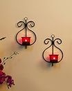 Homesake® Wall Candle Sconce Set of 2 Wrought Iron Candle Holder Hanging Wall Mounted Candle Sconces for Living Room Home Decor, Black with Glass and Free T-Light Candles (Red)