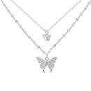 ZAGZIG 925 Sterling Silver Butterfly Necklace for Women Double Layer Clavicle Chain Shiny CZ Necklace Dainty Gifts Party Jewelry Gift