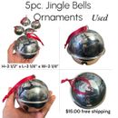 5pc. Christmas Ornament JINGLE BELLS Silver Metal w/Red Ribbon USED-CLEARANCE!
