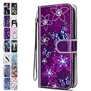 Leather Phone Case for Samsung Galaxy S6 Pattern Print Design Flip Wallet Cover with Card Slots Holder for Girls Boys - Purple Butterfly
