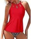 Yonique Two Piece High Neck Tankini Swimsuits for Women Tummy Control Bathing Suits Floral Print Swimwear, Red Dot, XX-Large