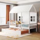 Wood House Bed with Twin Size Trundle, Wooden Daybed Frame with Roof and Window, Bedroom Furniture for Kids, Teens, Girls & Boys
