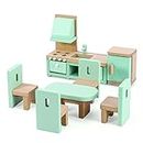 SOKA Wooden Kitchen Dining Room Playset Pretend Play Doll House Furniture Set Miniature Display Model Figures Table Chair Counter Cupboard for Children Kids Girls Ages 3 year old +