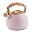 Pink Tea Kettle for Stove Top, 3.2 Quart / 3 Liter Stainless Steel Tea Kettles Stovetop with Wood Pattern Handle, Loud Whistling Tea Pot Used for Coffee, Milk, Water