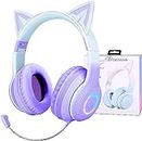 Daemon Kids Headphones, Cat Ear Kids Bluetooth,LED Light Up Over Ear Kids Wireless Headphones with HD Sound 105dB Volume Limited,Foldable Over-Ear Headphone for PC/Pad/School (Purple with Mic)