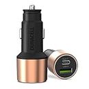 Duracell 65W Fast Car Charger Adapter with Dual Output. Quick Charge, Type C PD 45W & Qualcomm Certified 3.0 20W, Compatible for iPhone, All Smartphones, Tablets & More (Copper & Black)