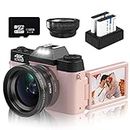 VETEK Digital Cameras for Photography, 4K 48MP Vlogging Camera 16X Digital Zoom Manual Focus Students Compact Camera with 52mm Wide-Angle Lens & Macro Lens, 32G Micro Card and 2 Batteries (Pink)