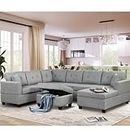 UBGO 121.3" Oversized Sofa,Living Room Furniture Sets,L Storage Ottoman, U Shaped Sectional Couch with 2 Throw Pillows for Large Space Dorm Apartment, Beige b, Grey a