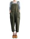 Gihuo Women's Fashion Baggy Loose Linen Overalls Jumpsuit Oversized Casual Sleeveless Rompers with Pockets (Army Green, Medium)