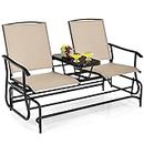 Tangkula 2 Person Swing Glider Chair, Patio Rocking Loveseat w/Center Tempered Glass Table, Outdoor Swing Bench w/Steel Frame & Breathable Mesh Fabric for Porch, Balcony, Poolside (Beige)