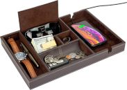Leather Valet Tray for Men, Dark Brown, 6 Compartment Nightstand Organizer, Catc