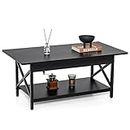 Giantex 2-Tier Industrial Coffee Table, Home Cocktail Table Tea Table with Storage Shelf and X-Shape Steel Frame, Rectangular Living Room Sofa Side Table, Accent Table for Living Room (Black)